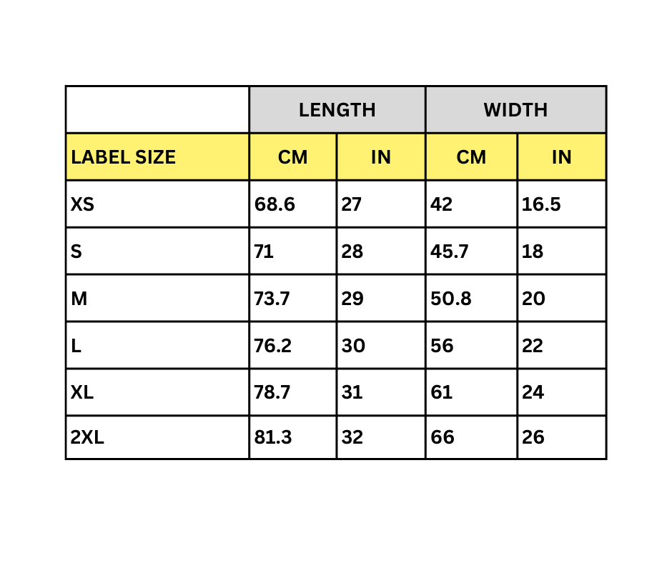 Product Sizing Chart 